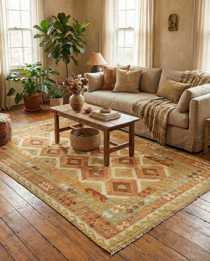 4' 9 x 6' 8 Hand Woven Kilim Waziri Wool Rug