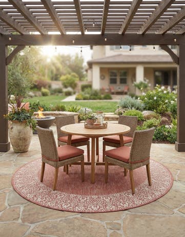 Rust Red Easy-Clean Border Indoor / Outdoor Round Rug