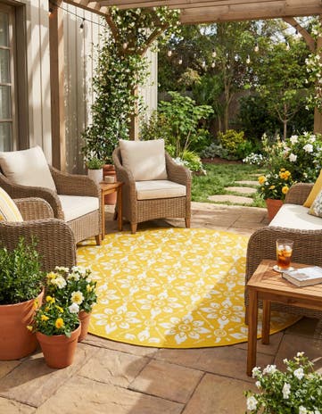 Yellow Easy-Clean Lattice Indoor / Outdoor Round Rug