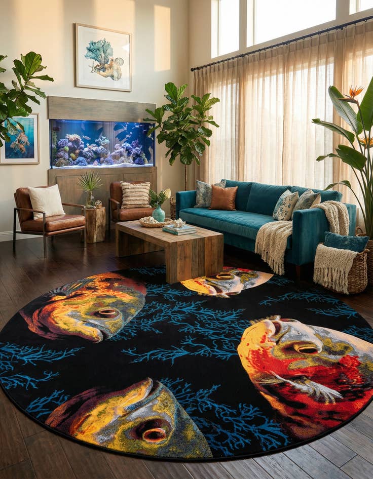 Detail image of  12' x 12'  Washable Coastal Indoor / Outdoor Round Rug