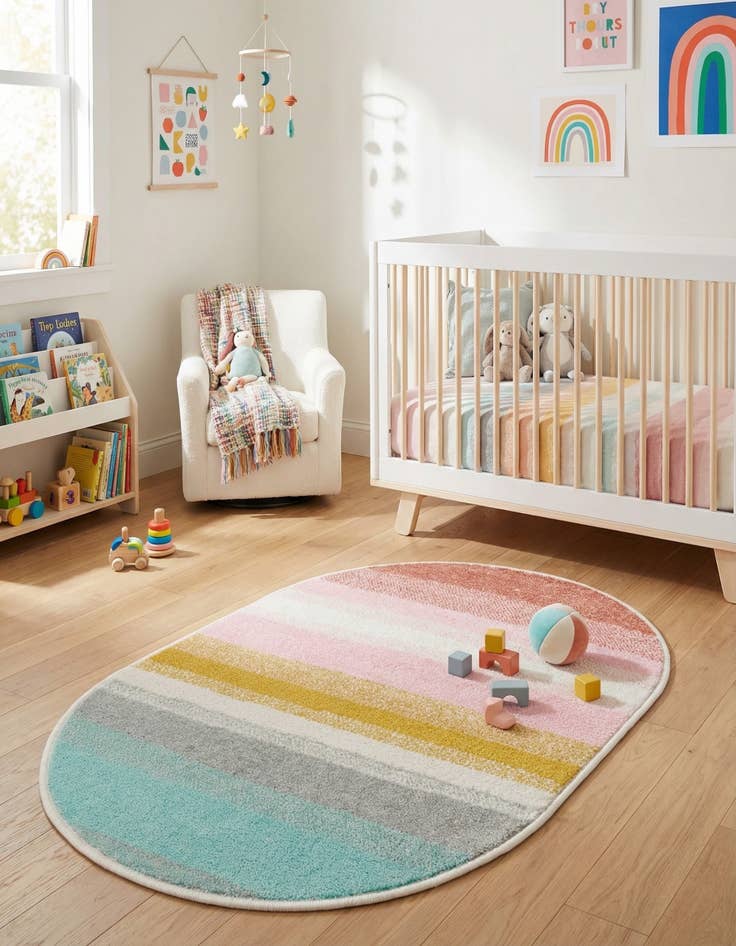 Detail image of 2' 2 x 3' 1 Rainbow Stripes Whimsy Kids Oval Rug