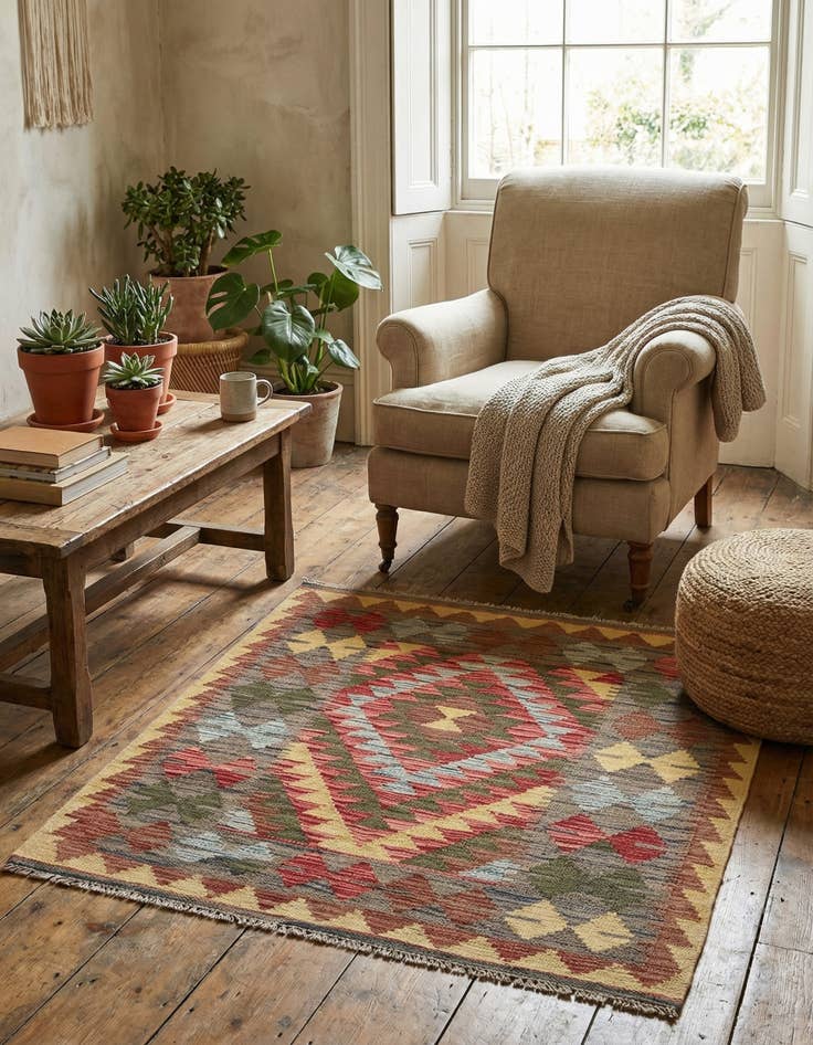 Detail image of 3' 2 x 3' 7  Hand Woven Kilim Maymana Wool Square Rug