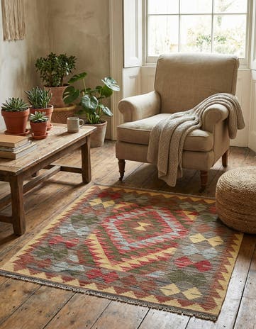 3' 2 x 3' 7 Hand Woven Kilim Maymana Wool Square Rug