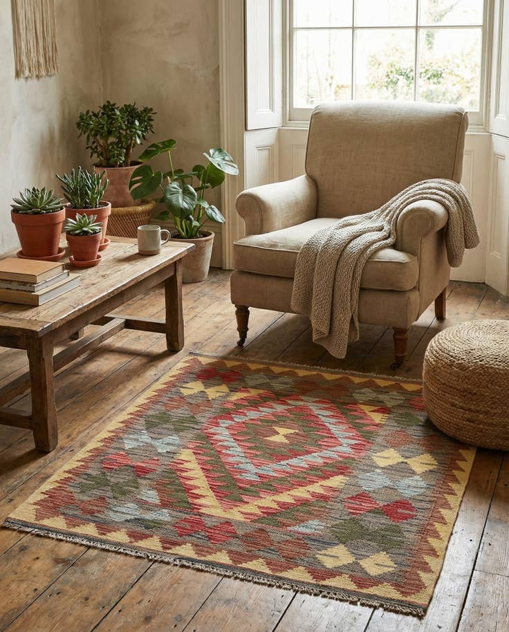 Detail image of 3' 2 x 3' 7 Hand Woven Kilim Maymana Wool Square Rug