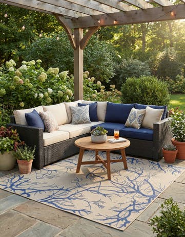 Beige and Blue Easy-Clean Botanical Indoor / Outdoor Rug