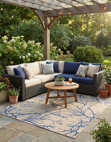Beige and Blue Easy-Clean Botanical Indoor / Outdoor Rug