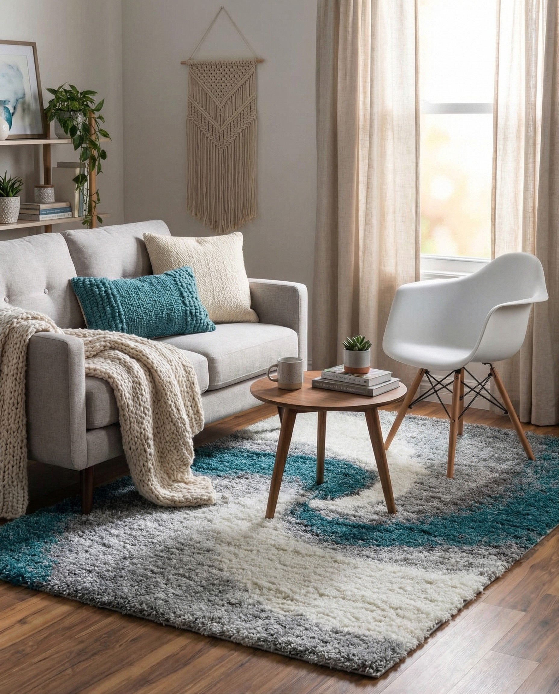 A 4x6 rectangular shag rug with an abstract swirl pattern in shades of blue, grey, and cream, perfect for a living room.