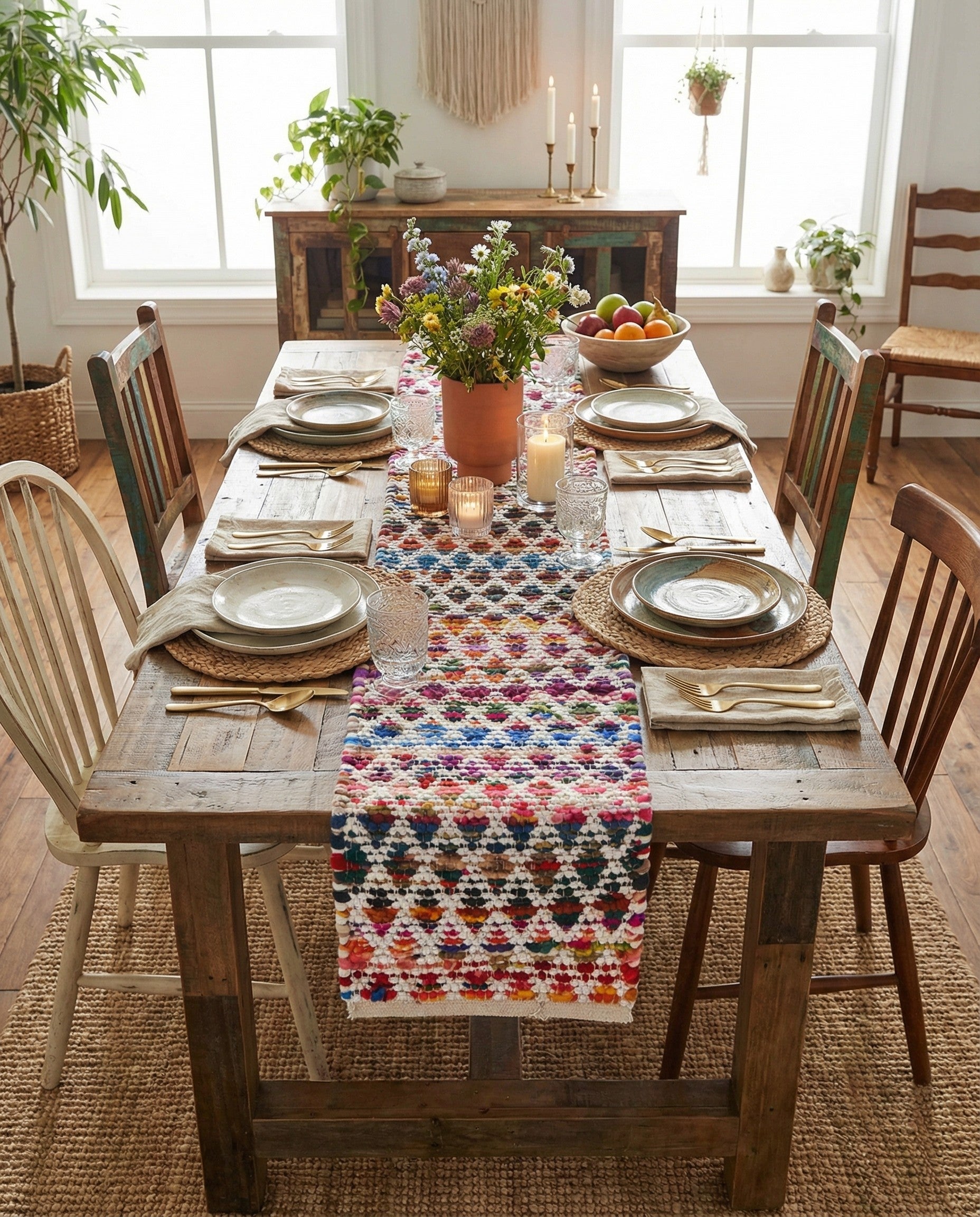 A 1' 2 x 10' 0 multi-colored runner rug with a modern abstract pattern and textured flatweave.