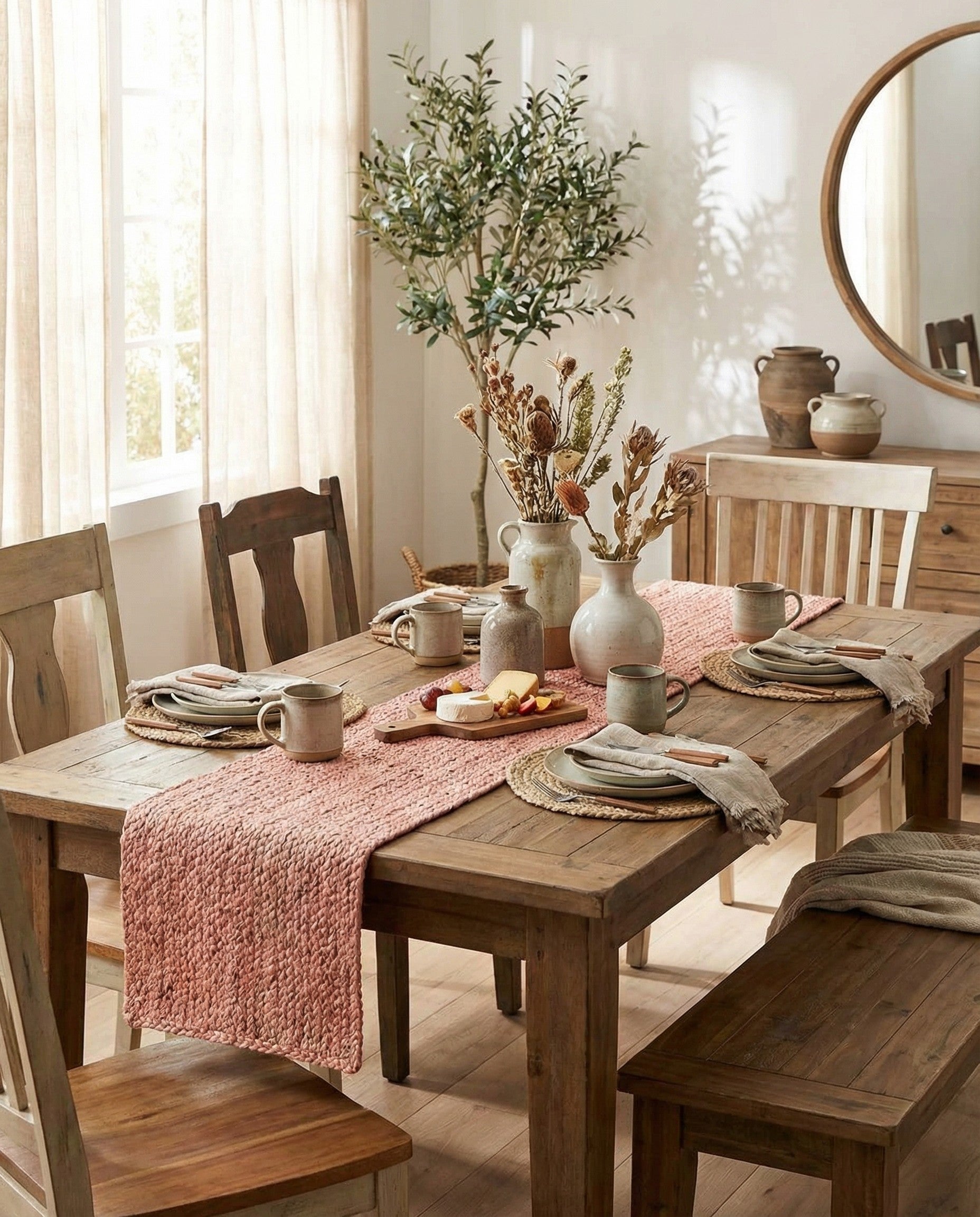A 1' 2 x 10' 0 pink braided jute runner rug with a textured, flatweave pattern, ideal for a hallway or kitchen.
