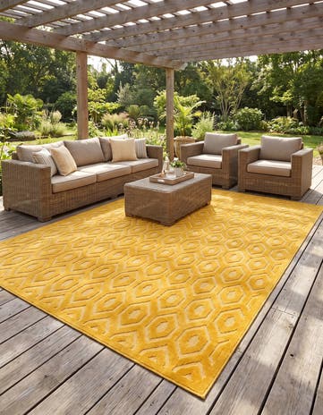 Yellow Easy-Clean Trellis Textured Indoor / Outdoor Rug