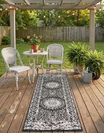 Black and White Easy-Clean Traditional Indoor / Outdoor Runner Rug