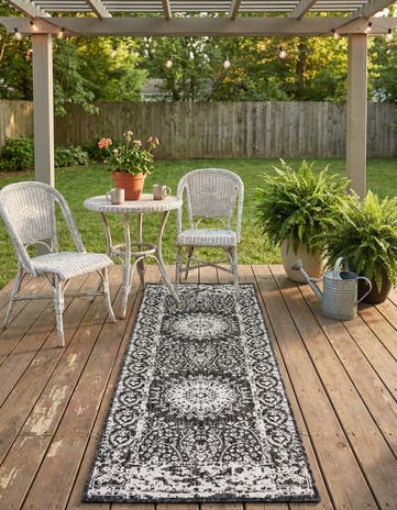 Black and White Easy-Clean Traditional Indoor / Outdoor Runner Rug