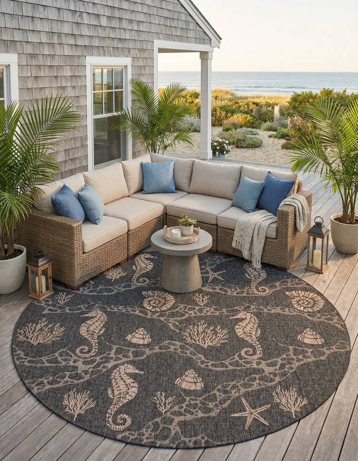 Detail image of 12' x 12'  Washable Coastal Indoor / Outdoor Round Rug