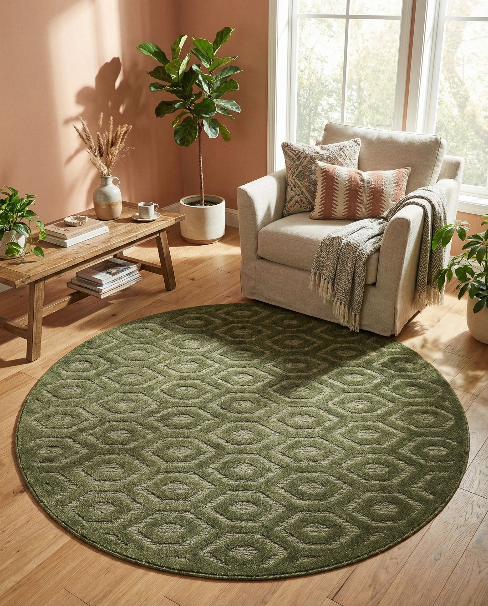 7' x 7' Easy-Clean Trellis Textured Indoor / Outdoor Round Rug