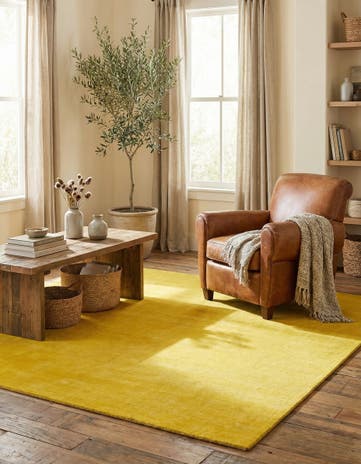 Yellow Hand Knotted Solid Gabbeh Wool Square Rug