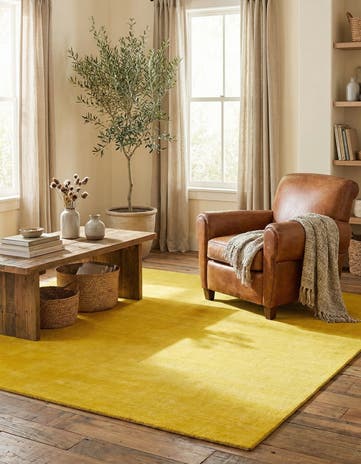 Yellow Hand Knotted Solid Gabbeh Wool Square Rug