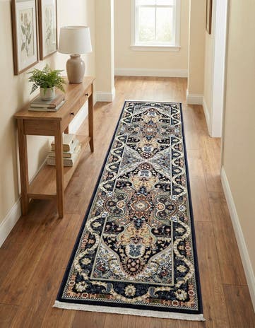 Navy Blue Nain Design Runner Rug