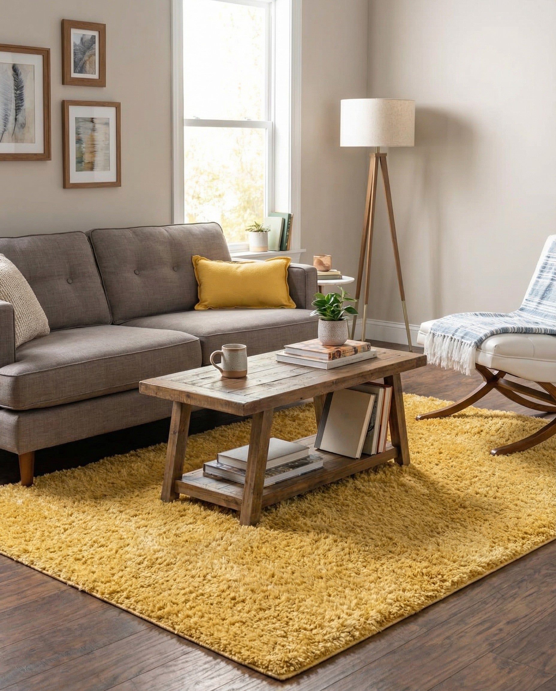 A soft 8x11 rectangular shag rug in a vibrant yellow-gold color, perfect for a modern living room or bedroom.
