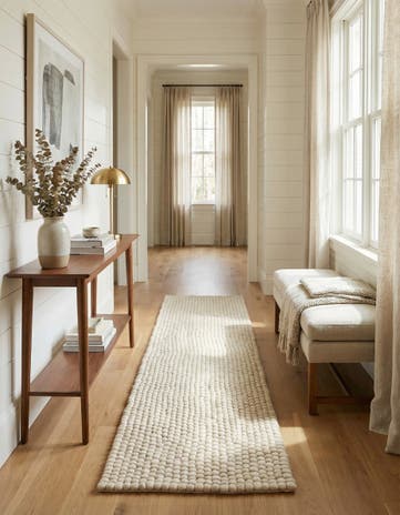 Ivory Hand Woven Felt Ball Wool Runner Rug