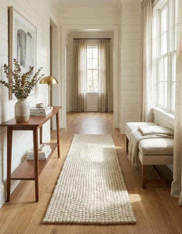 Ivory Hand Woven Felt Ball Wool Runner Rug
