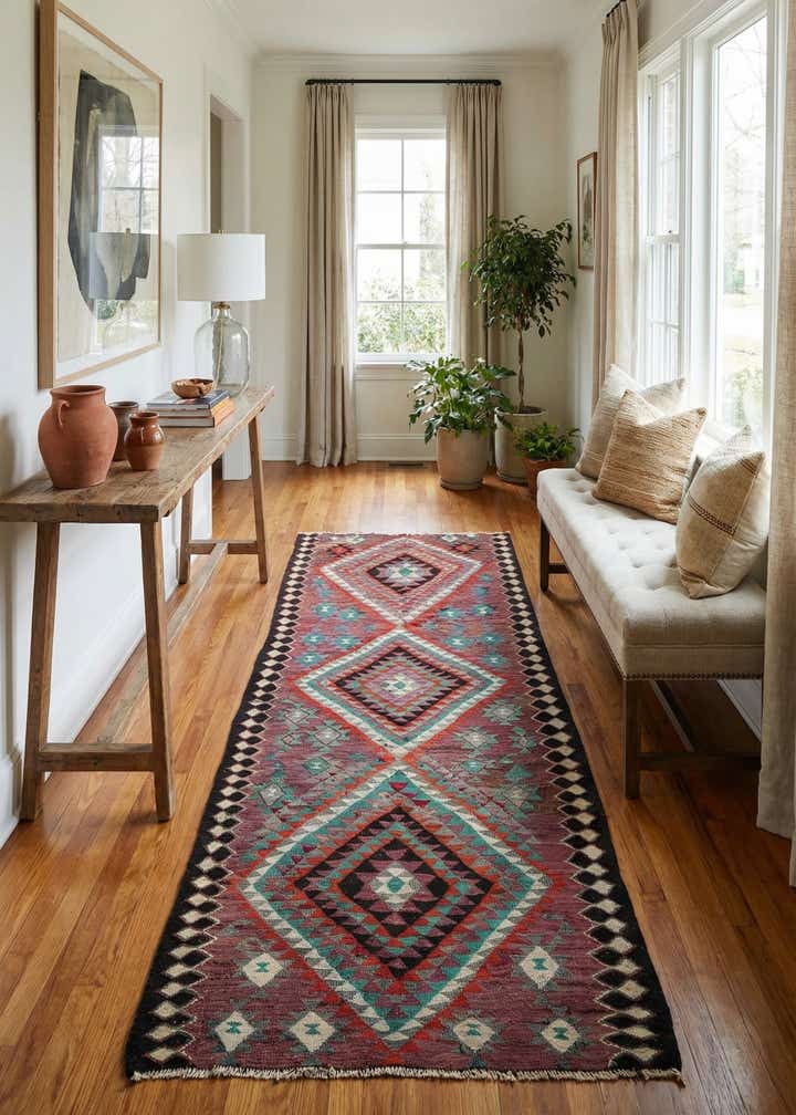 4' 4 x 9' 7 Hand Woven Kilim Maymana Runner Rug