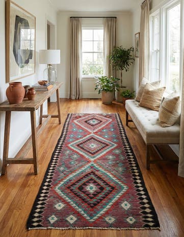 4' 4 x 9' 7 Hand Woven Kilim Maymana Runner Rug