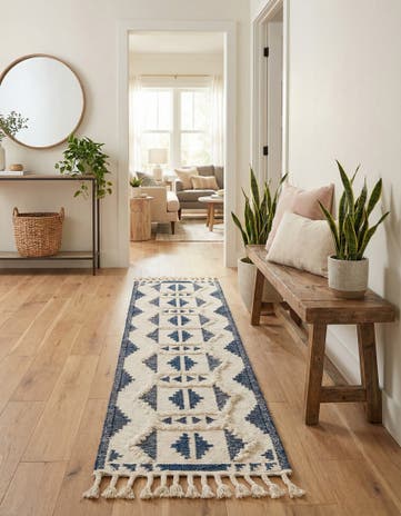 Navy Blue and White Hand Woven Arizona Wool Runner Rug