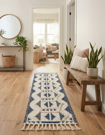 Navy Blue and White Hand Woven Arizona Wool Runner Rug