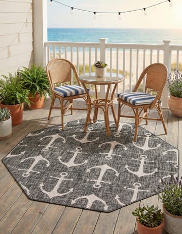 Charcoal Easy-Clean Coastal Indoor / Outdoor Octagon Rug