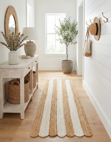 Natural and Ivory Handmade Scallop Braided Jute Runner Rug