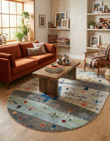 Ivory Gray Blue Washable Vivid Oval Rug