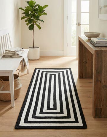 Black and White Easy-Clean Eco Verse Washable Indoor / Outdoor Runner Rug