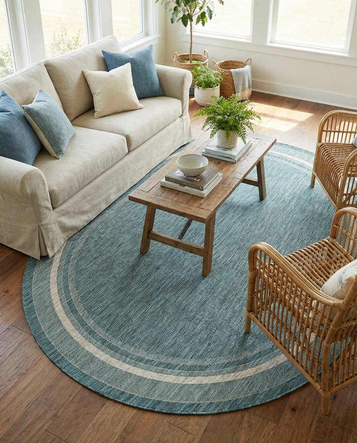 Detail image of 7' 10 x 10' Easy-Clean Border Indoor / Outdoor Oval Rug