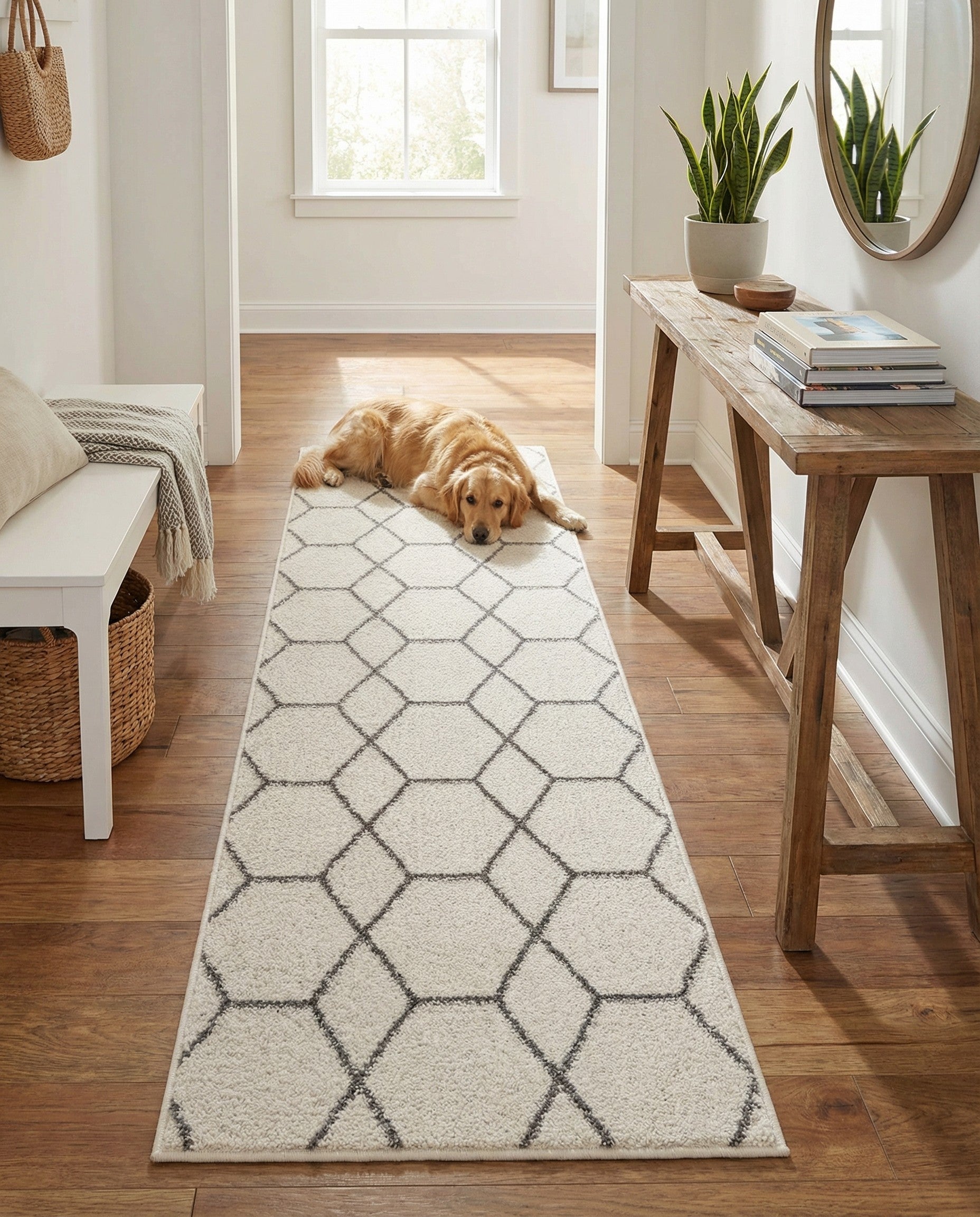 A 6 ft runner rug with a modern geometric lattice pattern in ivory and dark gray, suitable for a hallway.