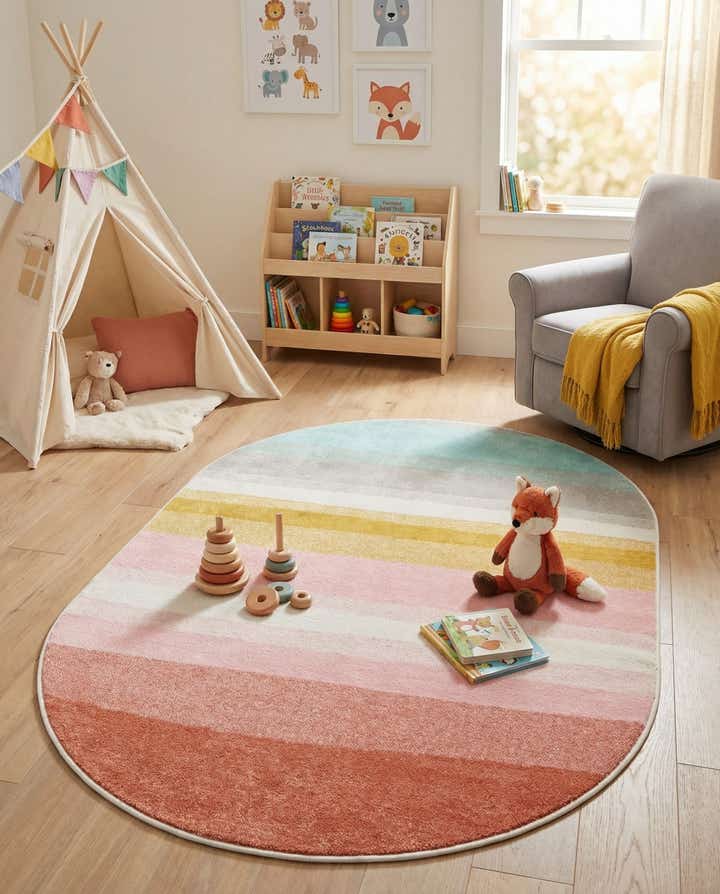 5' 3 x 8' Rainbow Stripes Whimsy Kids Oval Rug