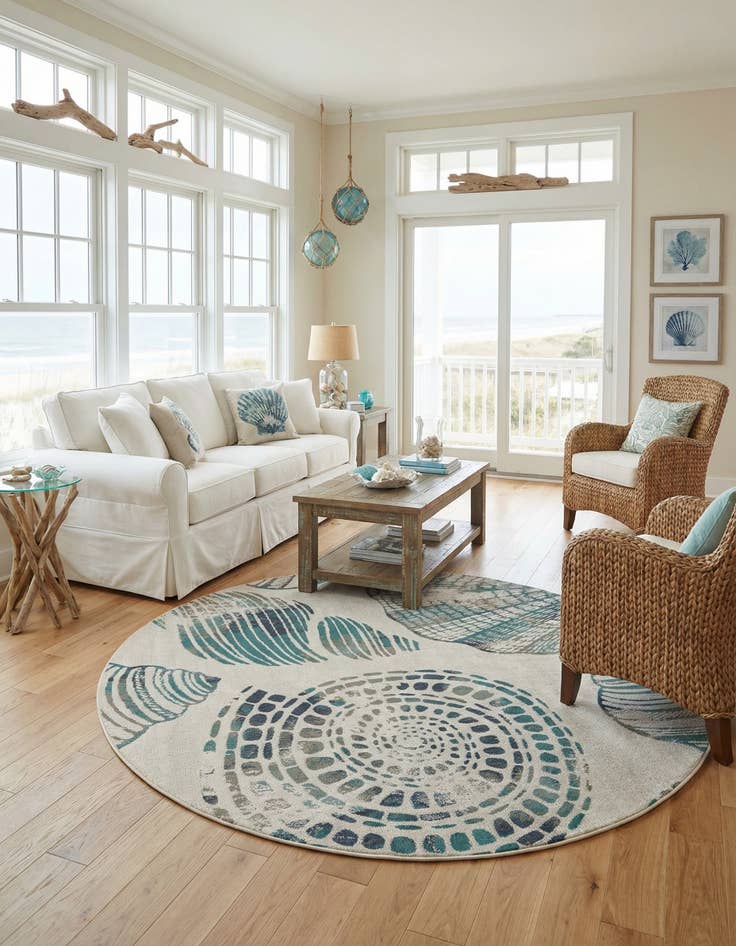 Detail image of 7' 10 x 7' 10  Washable Coastal Indoor / Outdoor Round Rug