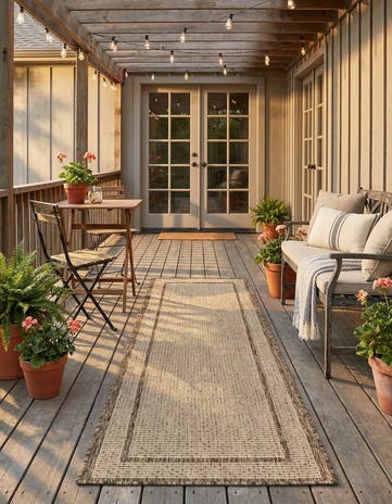 Beige Easy-Clean Border Indoor / Outdoor Runner Rug