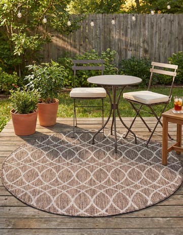 Brown Easy-Clean Lattice Indoor / Outdoor Round Rug