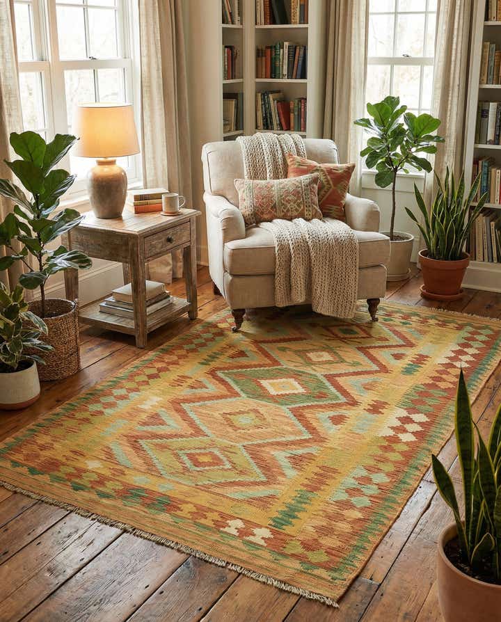 3' 8 x 6' 3 Hand Woven Kilim Waziri Wool Rug