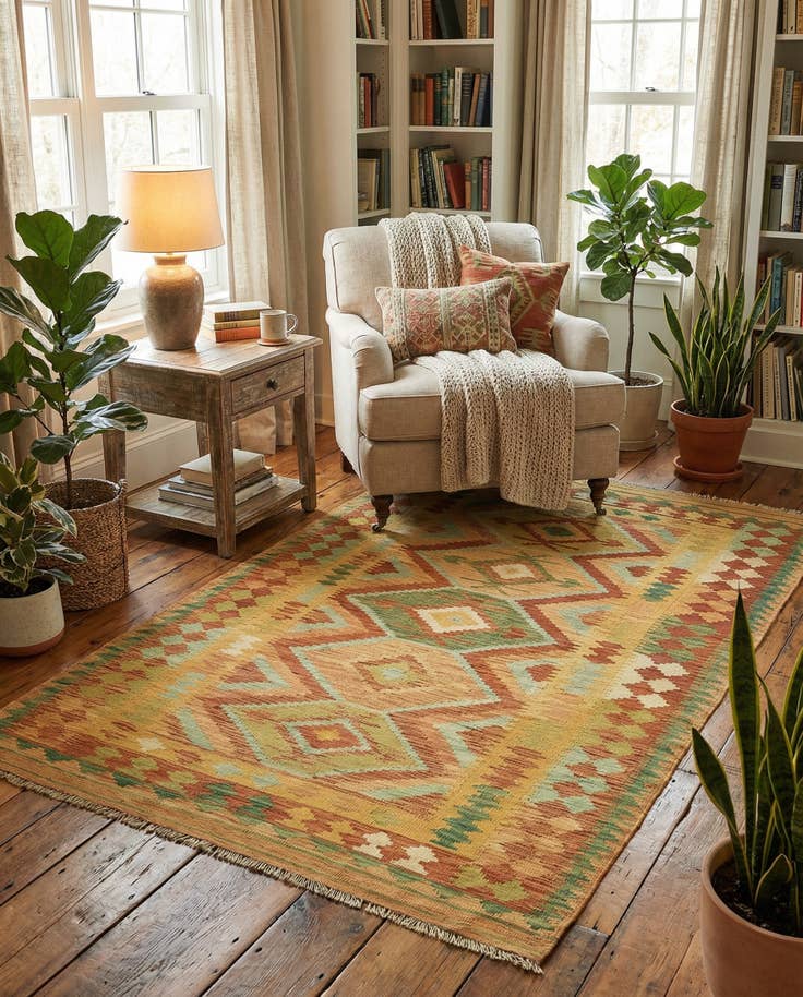 Detail image of 3' 8 x 6' 3 Hand Woven Kilim Waziri Wool Rug