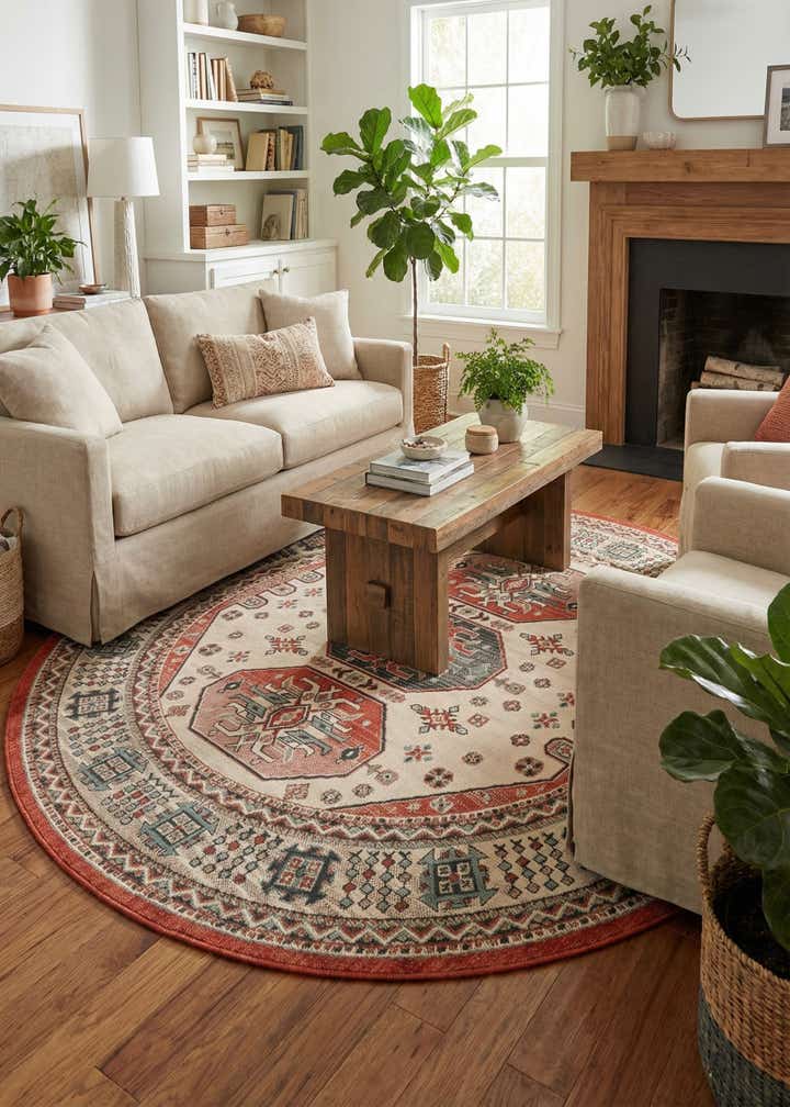7' 10 x 7' 10 Easy-Clean Traditional Indoor / Outdoor Round Rug