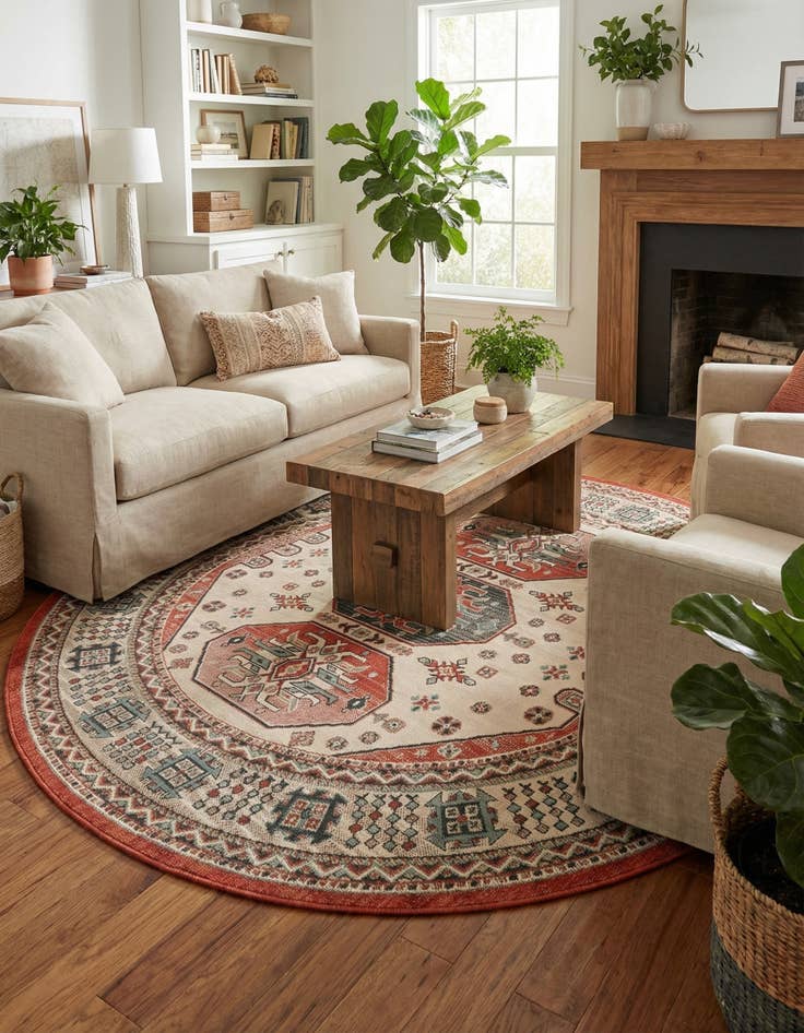 Detail image of 7' 10 x 7' 10 Easy-Clean Traditional Indoor / Outdoor Round Rug