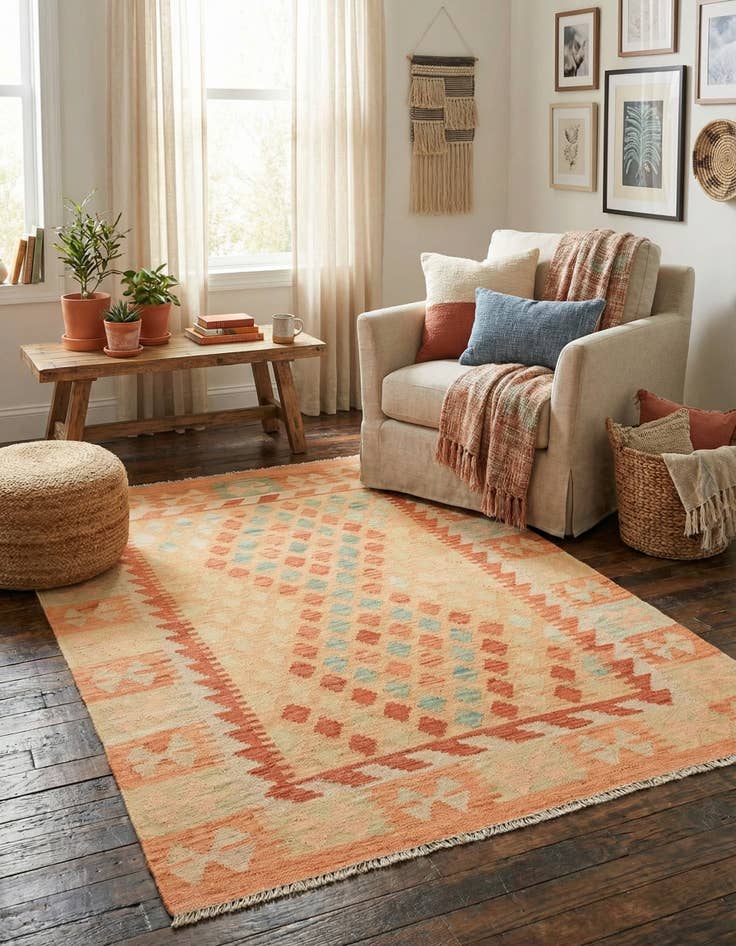 Detail image of 3' 4 x 4' 10 Hand Woven Kilim Waziri Wool Rug