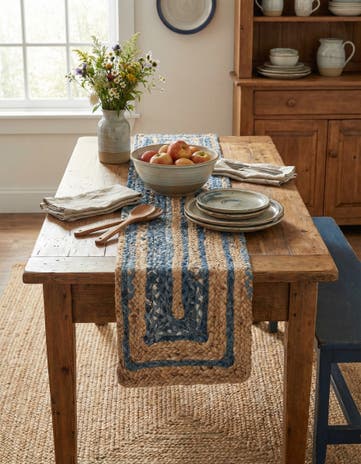 Blue and Natural Handmade Braided Chindi Table Runner Rug