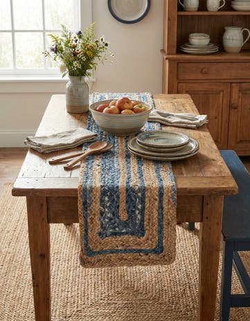 Blue and Natural Handmade Braided Chindi Table Runner Rug