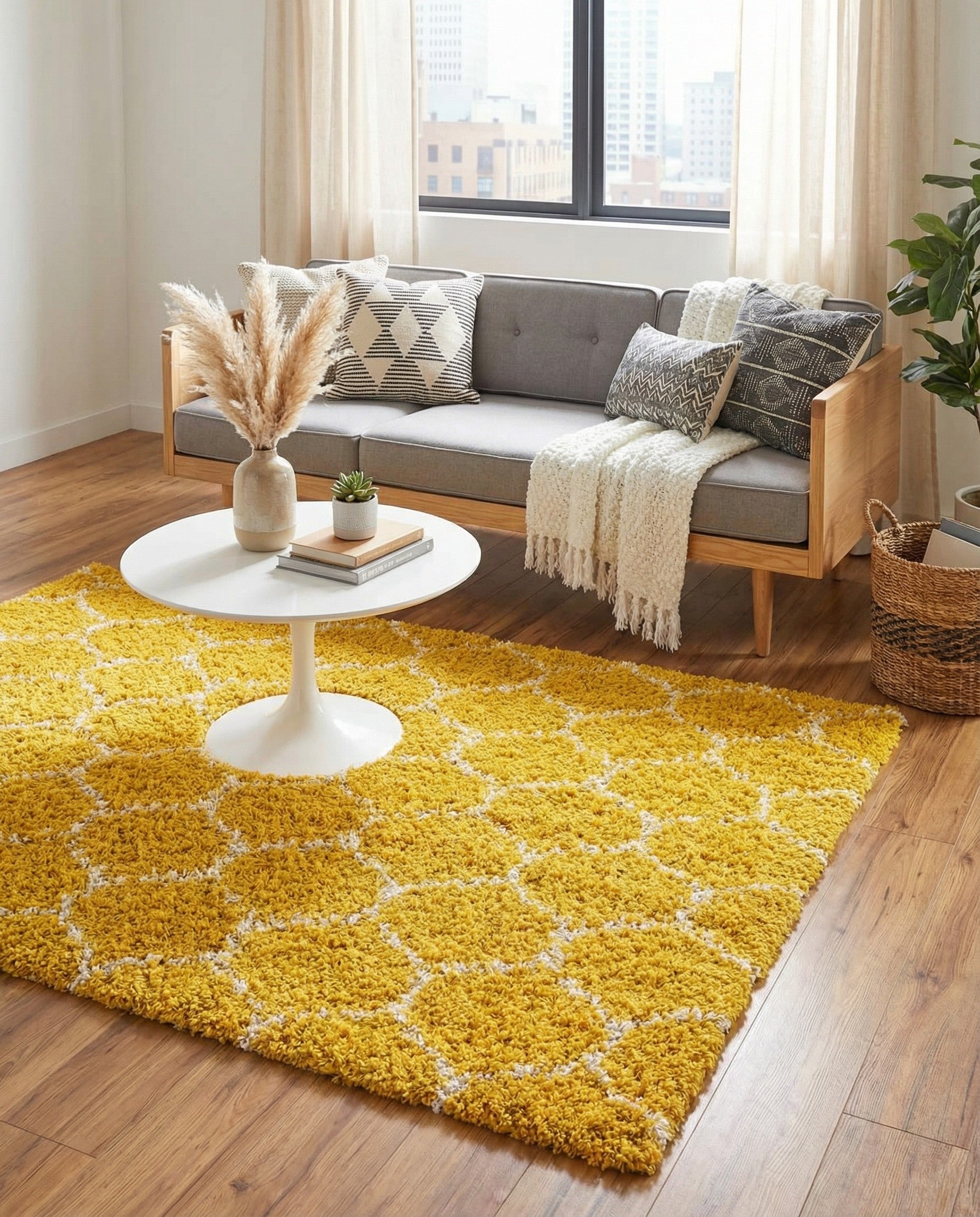 A 4x6 rectangular yellow shag rug featuring a modern lattice pattern in white, perfect for a living room.