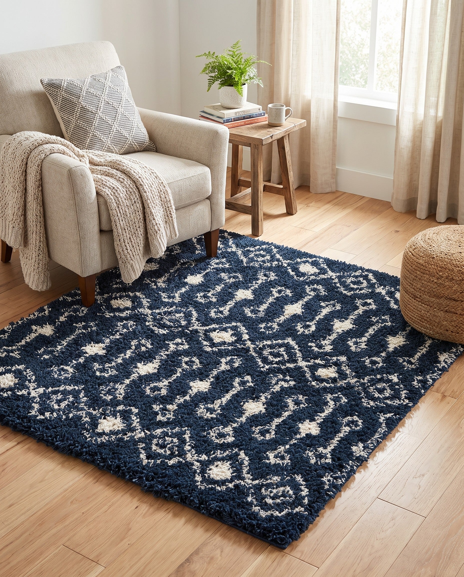 Navy Blue Moroccan Trellis Shag Square Rug