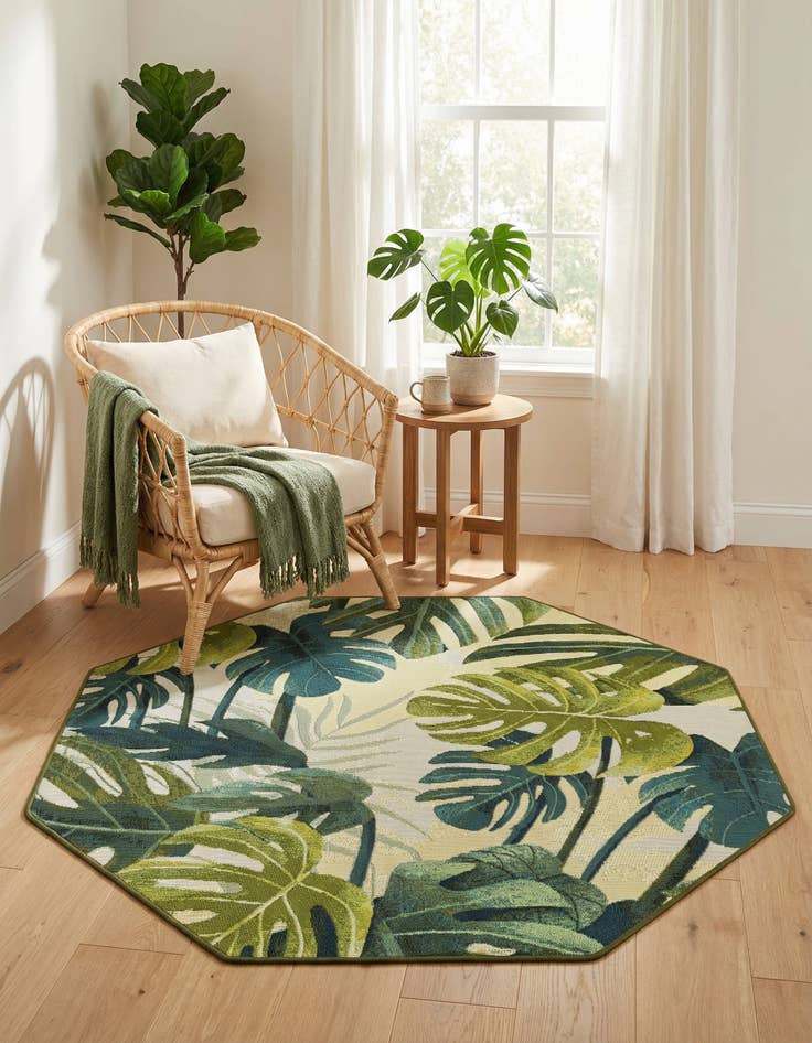 Detail image of 4' x 4' Easy-Clean Botanical Indoor / Outdoor Octagon Rug