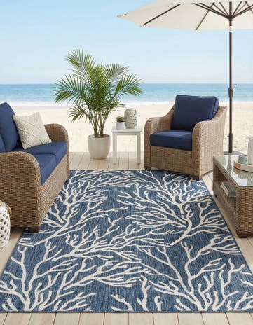 Blue Easy-Clean Coastal Indoor / Outdoor Rug