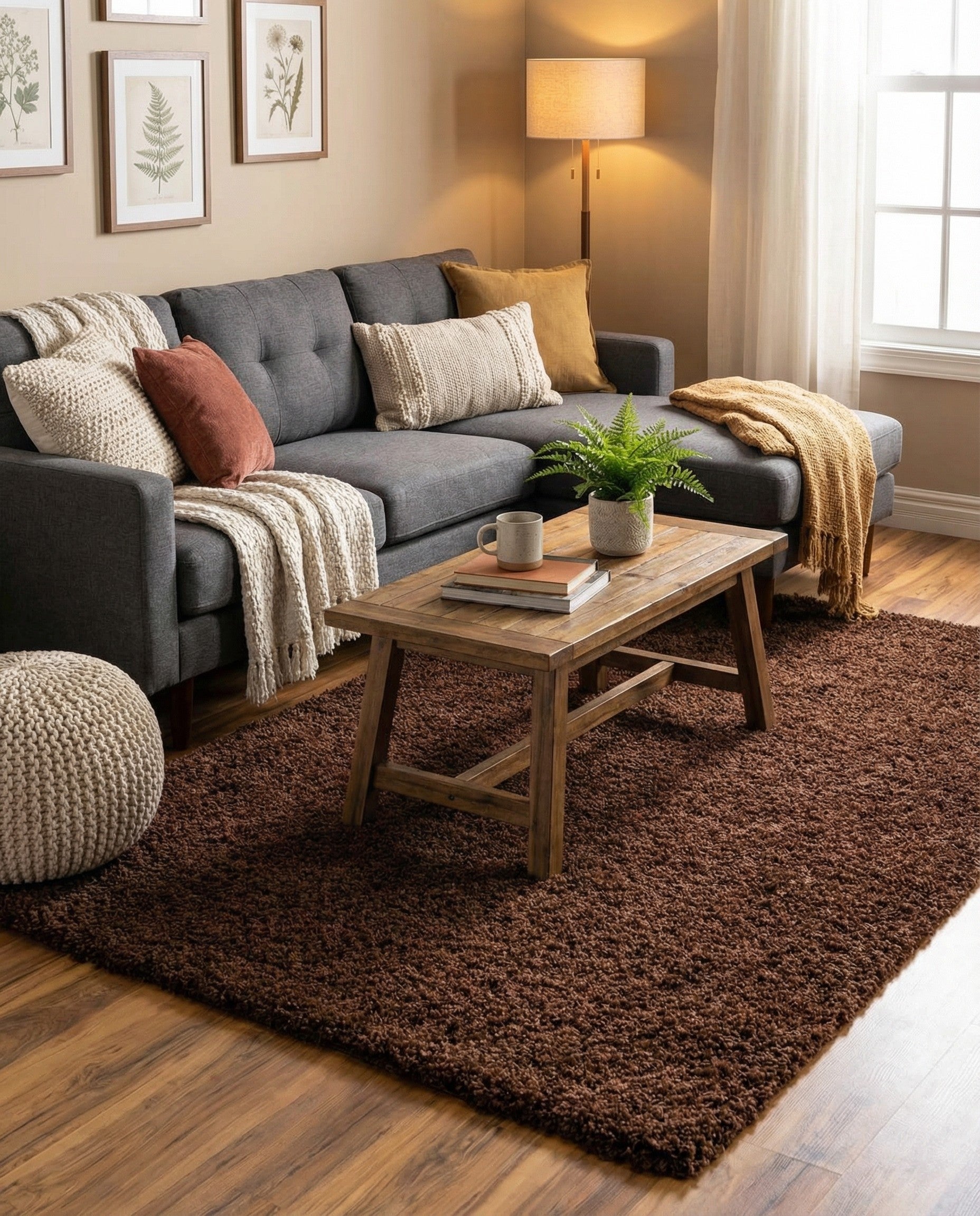 A 7x10 rectangular brown shag rug with a plush, textured pile, perfect for a cozy living room or bedroom.